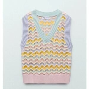 Zara Sweater Vest Womens S Crochet Embroidered Knit Sleeveless Pastel Stripe